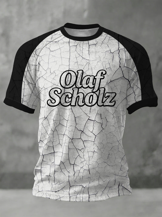 Herren Edgy Crackle-Print "Olaf Scholz" Ringer T-Shirt