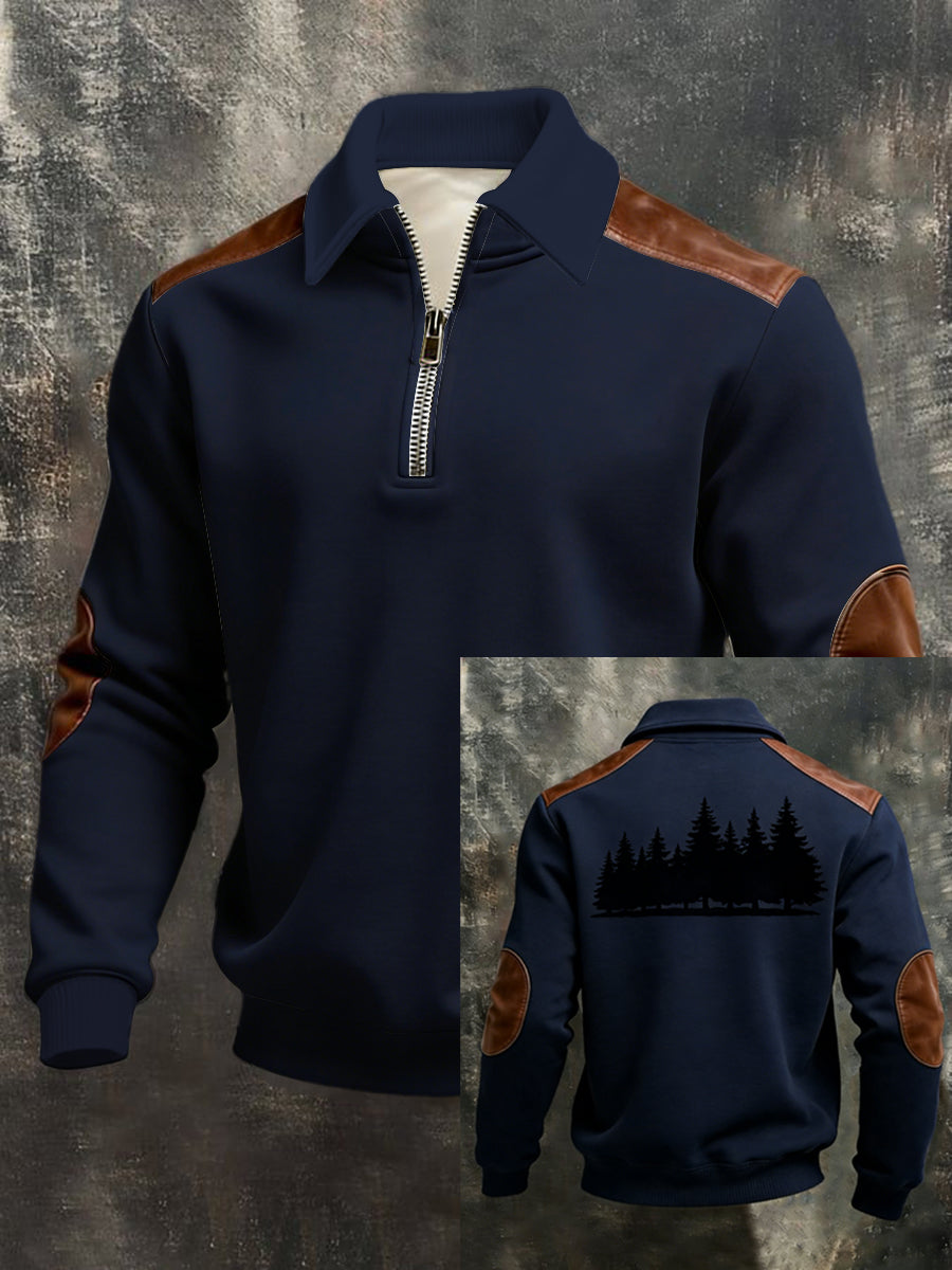 Herren-Sweatshirt mit raffiniertem Navy Forest Print mit Leder-Akzent und Quarter-Reiß verschluss