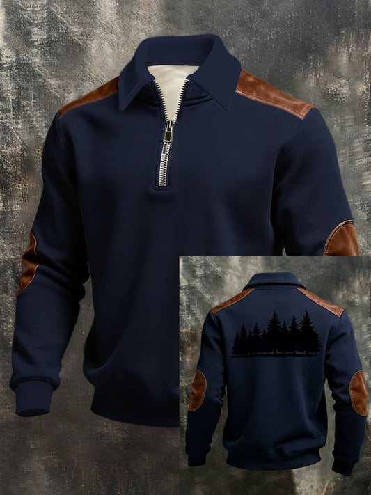 Herren-Sweatshirt mit raffiniertem Navy Forest Print mit Leder-Akzent und Quarter-Reiß verschluss