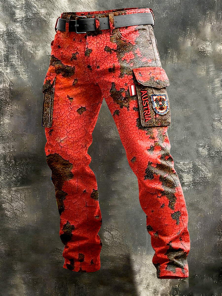 Herren Österreich ische Flagge Patchwork Print Vintage Arbeits hose