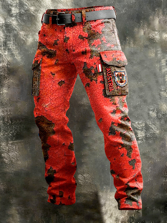 Herren Österreich ische Flagge Patchwork Print Vintage Arbeits hose