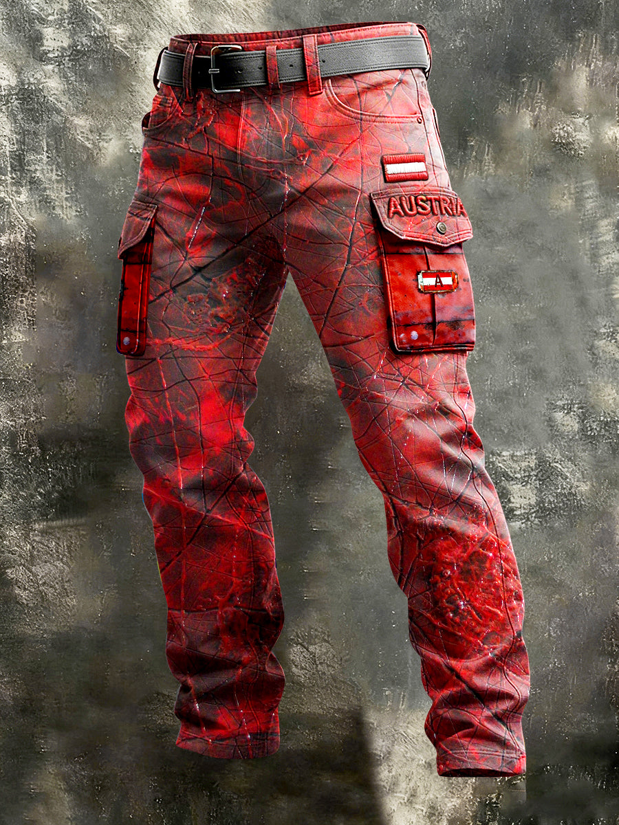 Herren Österreich ische Flagge Bestickte Print Patchwork Vintage Arbeits hose