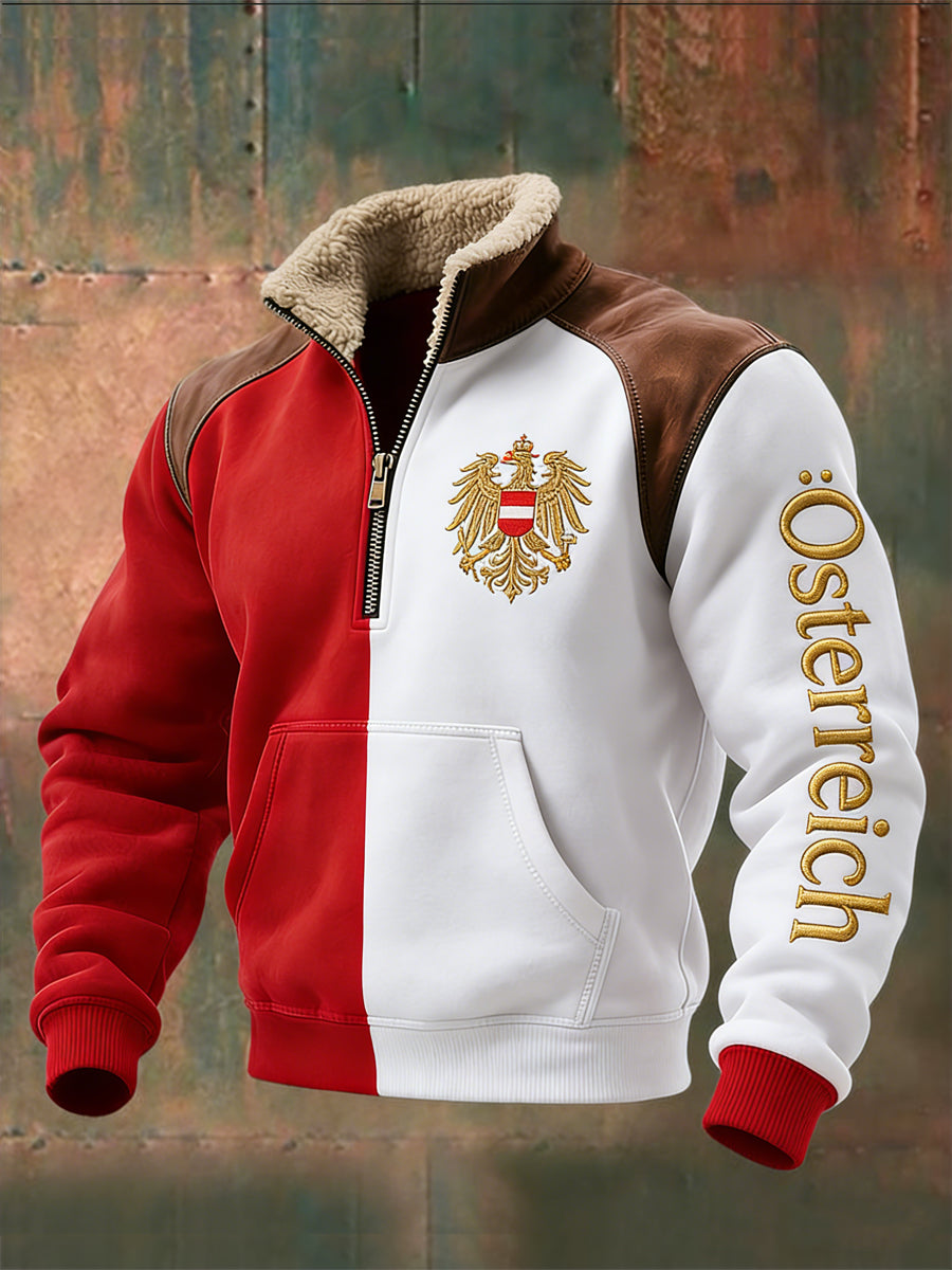 Herren Vibrant Rot-Weiß Österreichi scher Adler Viertel-Reiß verschluss Fleece Sweatshirt