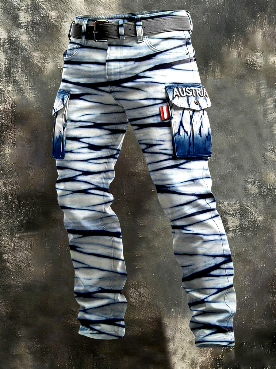 Herren österreich ische blau gestreifte Patchwork-Arbeits hose