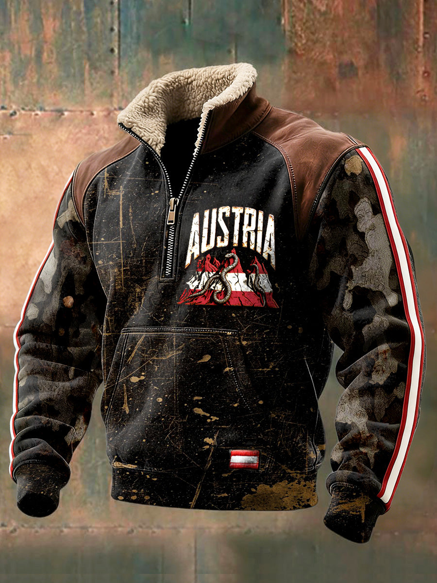 Herren-Sweatshirt mit österreichi schem Flaggen druck Camouflage Patchwork-Stand kragen