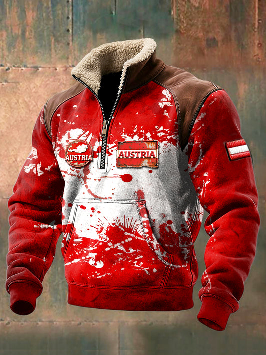 Männer Österreich ische Flagge Print Patchwork Stand-Kragen Sweatshirt