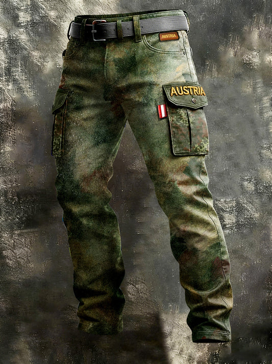 Vintage Camouflage-Arbeits hose mit österreichi scher Flagge für Herren