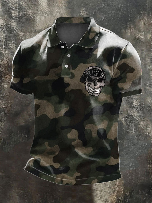Männer schroff Woodland Camo Deutsches Kreuz Schädel Polo Shirt