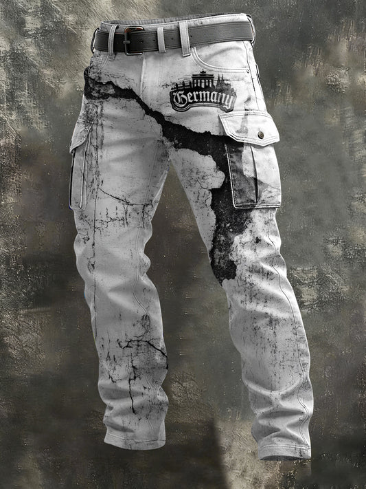 Herren Vintage weiße "Deutschland" Brandenburger Tor Crackle Cargo hosen