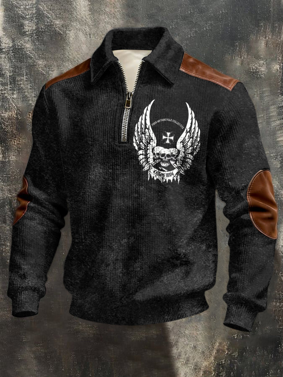 Herren-Sweatshirt mit dreitem Reiß verschluss, schwarzer, geflügelter Schädel und Kreuz leder