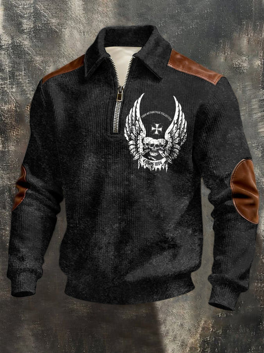 Herren-Sweatshirt mit dreitem Reiß verschluss, schwarzer, geflügelter Schädel und Kreuz leder