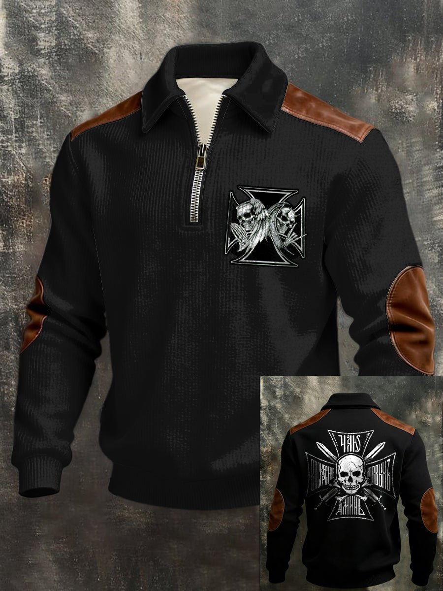 Herren Edgy Black "Hail" Doppels chädel mit Leder-Akzent, Quarter-Zip-Sweatshirt