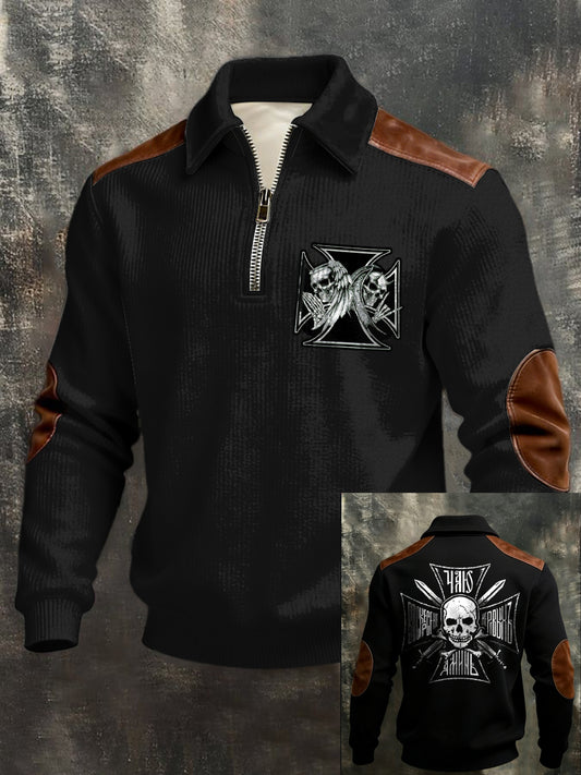 Herren Edgy Black "Hail" Doppels chädel mit Leder-Akzent, Quarter-Zip-Sweatshirt