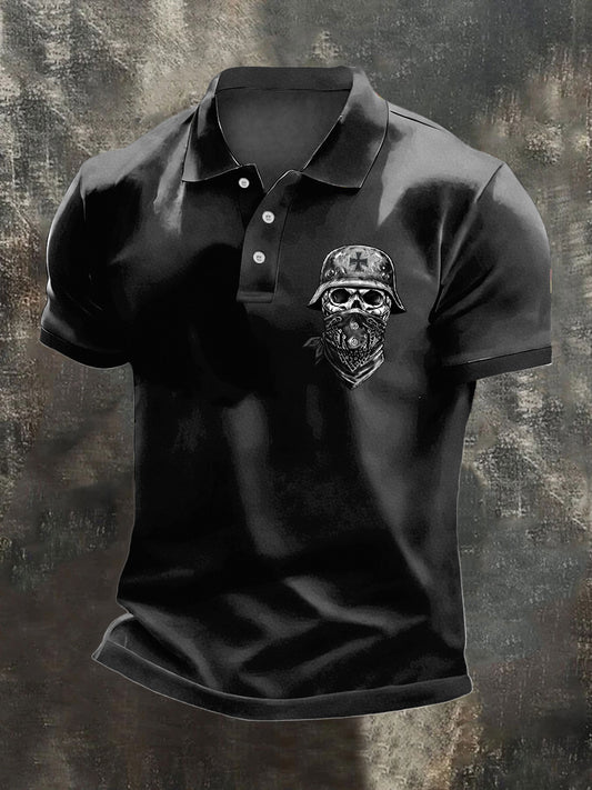 Herren Edgy Schwarz Deutscher Soldat Schädel Grafik Polo Shirt