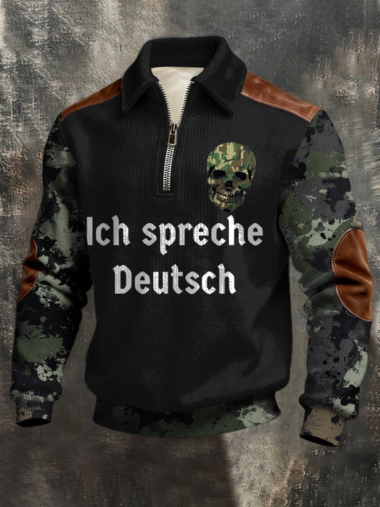 Herren Edgy Camo "Ich spreche Deutsch" Schädel Leder-Akzent-Quarter-Zip-Sweatshirt