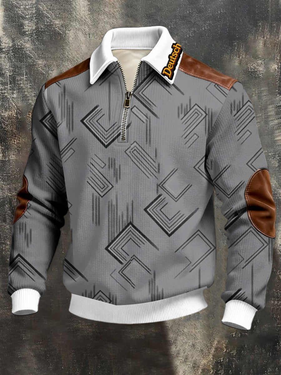 Modernes graues geometrisches "Deutsch" Leder-Akzent-Sweatshirt mit Reiß verschluss