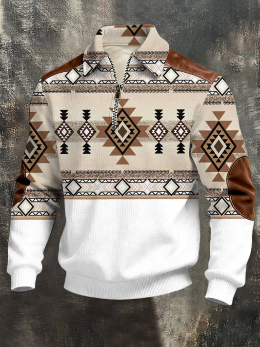 Herren rustikales beigefarbenes Tribal muster Leder-Akzent-Sweatshirt mit viertel Reiß verschluss