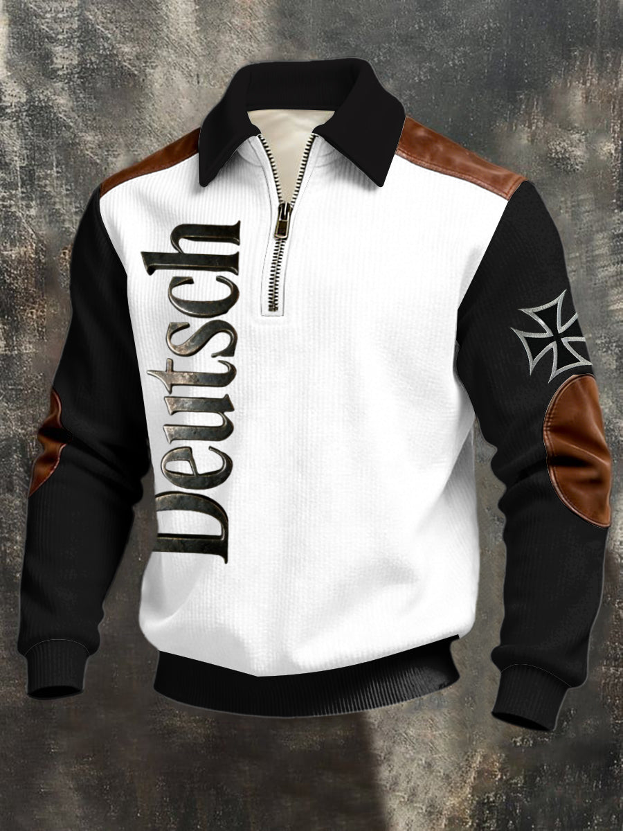 Herren-Sweatshirt mit dreitem Reiß verschluss Schwarz-Weiß "Deutsch" Kreuz-Leder-Akzent