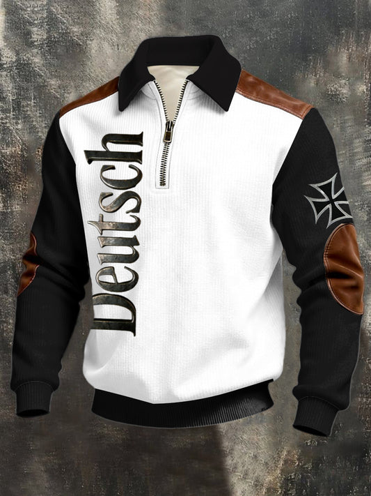 Herren-Sweatshirt mit dreitem Reiß verschluss Schwarz-Weiß "Deutsch" Kreuz-Leder-Akzent