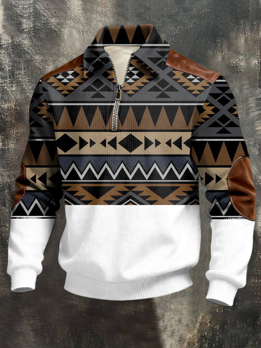 Herren-Sweatshirt mit dunklem Stammes muster aus Leder mit viertem Reiß verschluss