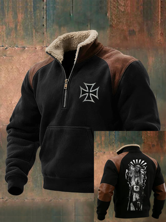 Herren Tough Deutsches Kreuz & Krieger Grafik Leder-Akzent Sherpa-ausgekleidet Sweatshirt ﻿