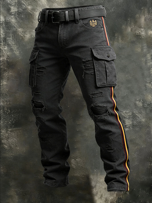 Herren Edgy Distressed Black German Eagle Flag Streifen Cargo Hosen