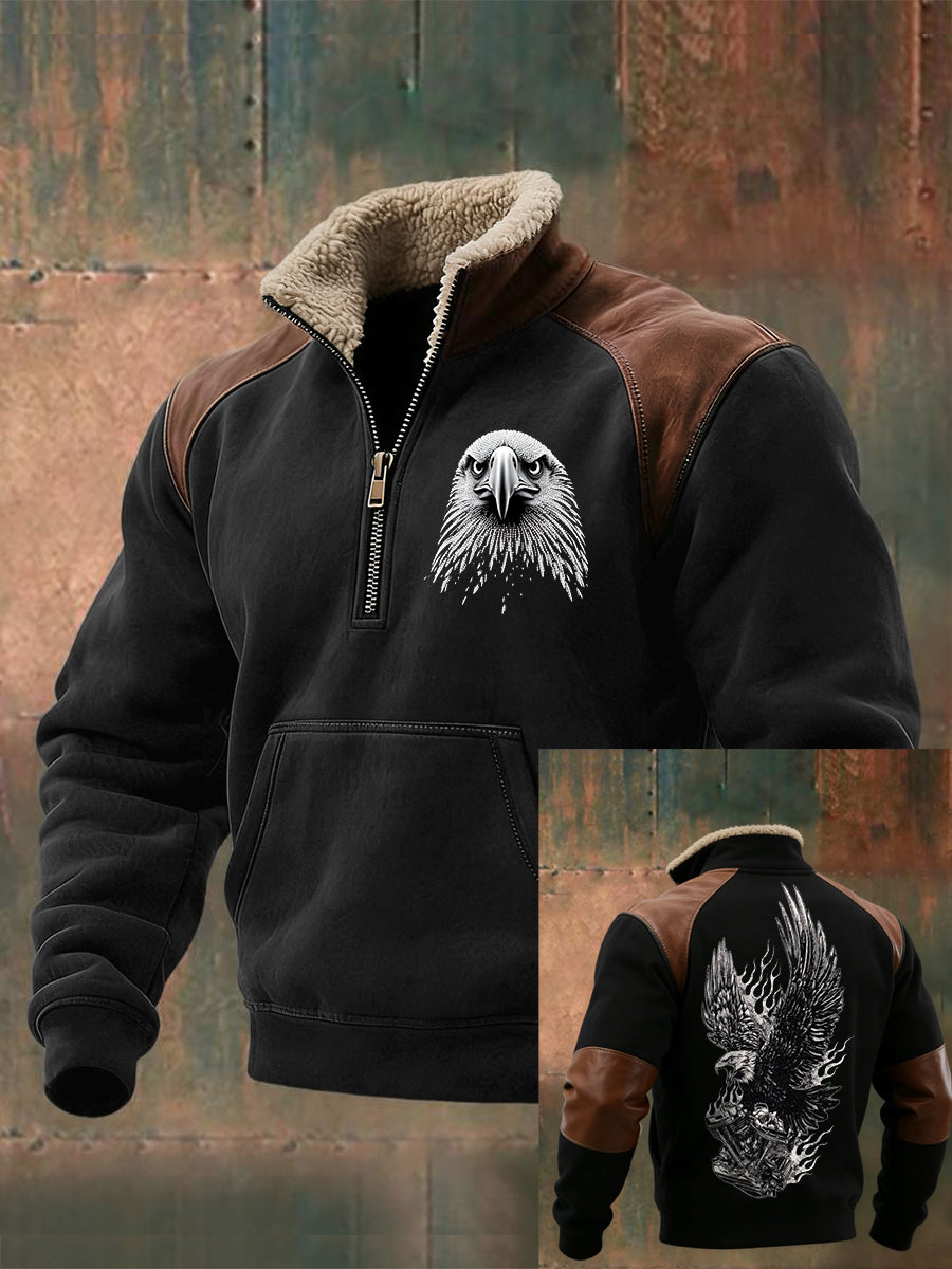 Herren Bold Adler Kopf & Geflügelter Schädel Leder-Akzent Sherpa-Gelinierte Sweatshirt