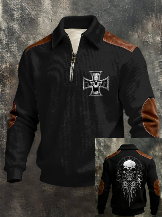 Herren Edgy Black German Cross Skull & Back Grafik Leder-Akzent Sweatshirt