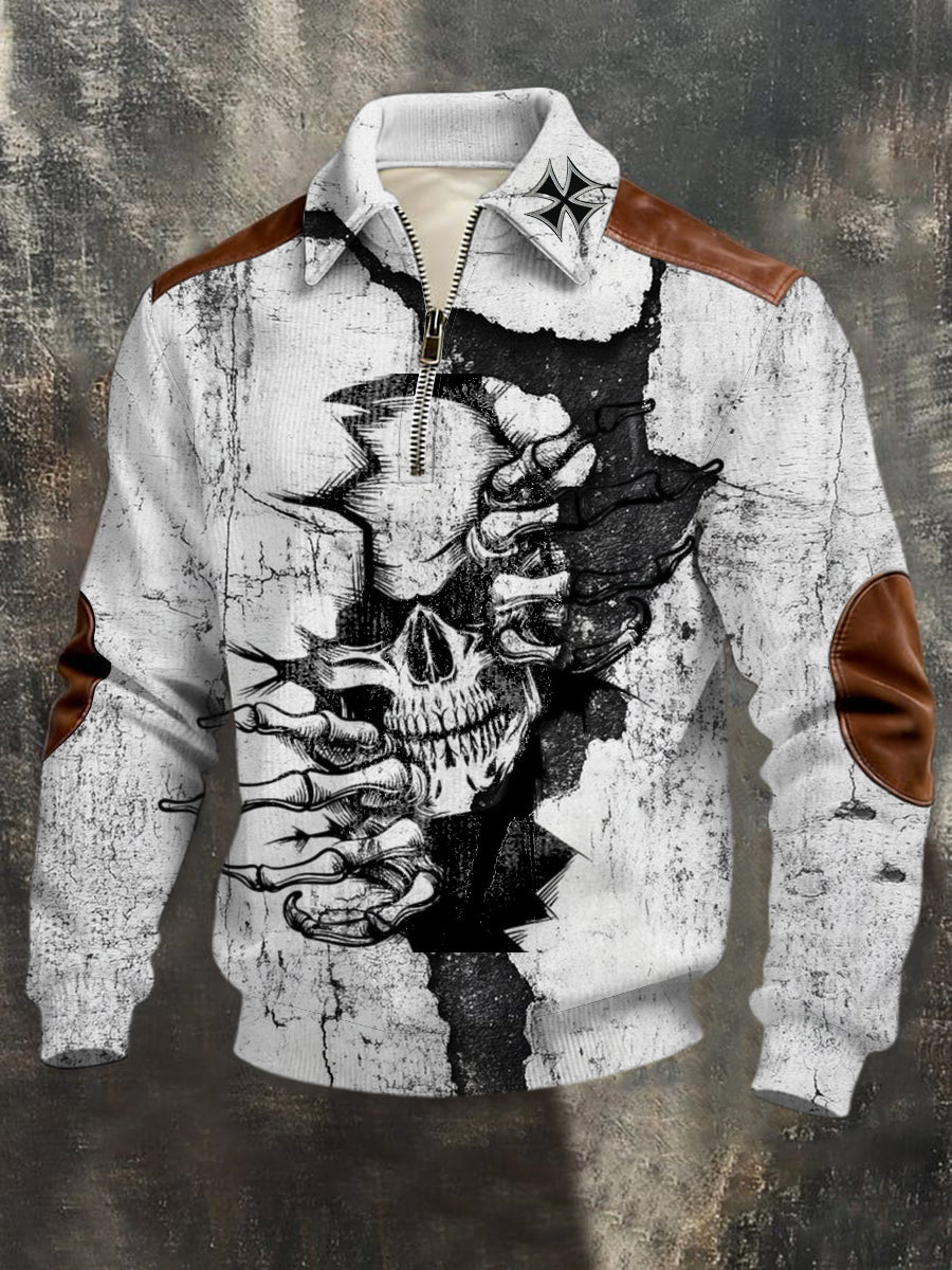 Herren Distressed White-Black Claw Skull & Deutsches Kreuz Leder-Akzent-Sweatshirt