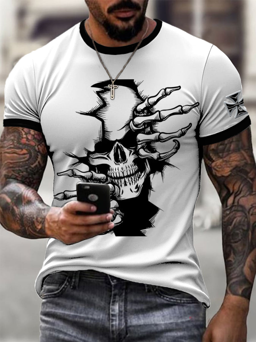 Männer Bold White Ringer Schädel & Klange Deutsches Kreuz T-Shirt