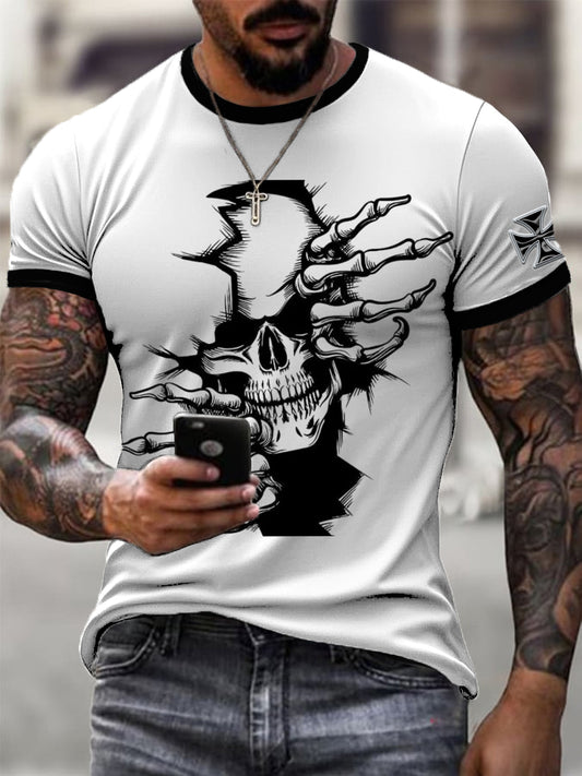 Männer Bold White Ringer Schädel & Klange Deutsches Kreuz T-Shirt
