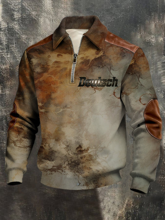 Herren rustikales braun-graues "Deutsch" Marmor-Leder-Akzent-Sweatshirt