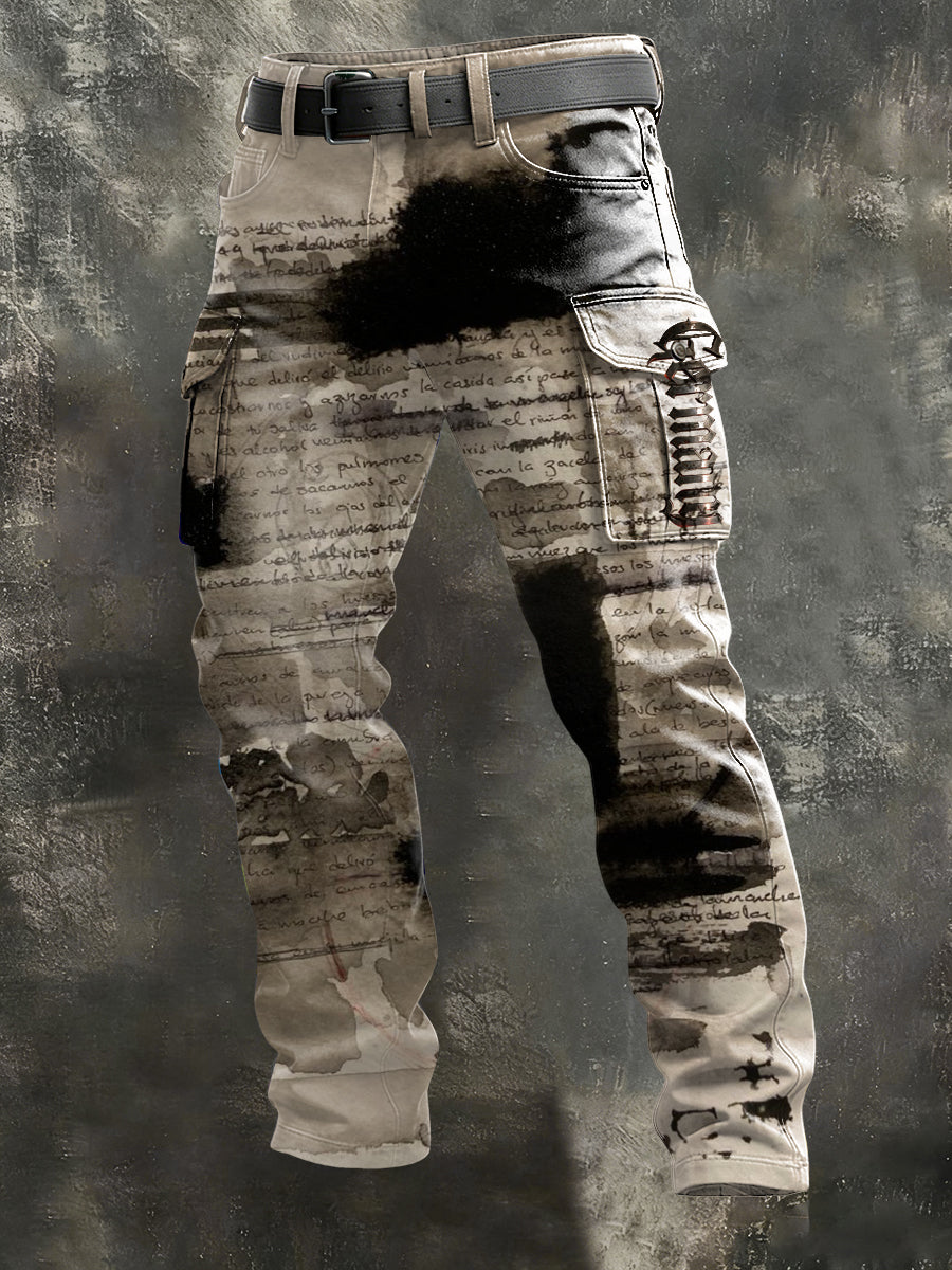 Herren Vintage Hand geschriebene Script & Black Smudge Cargo Hosen