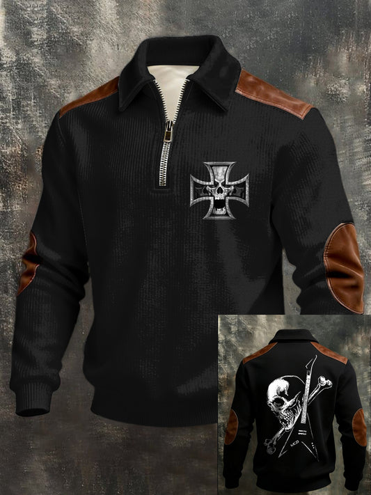 Herren Tough Deutsches Kreuz Schädel & Gitarre Rücken Grafik Leder-Akzent Sweatshirt
