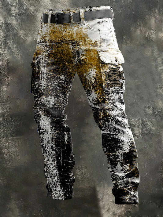 Herren Edgy Gold-Black Splatter Deutsche Kreuz Cargo hosen