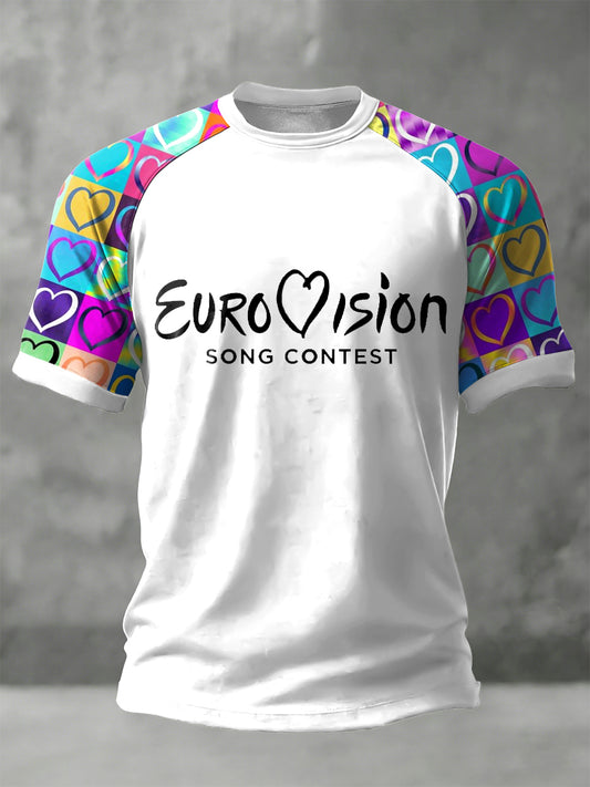 Retro Österreich 2026 Gesangs wettbewerb Herz Patchwork Casual T-Shirt