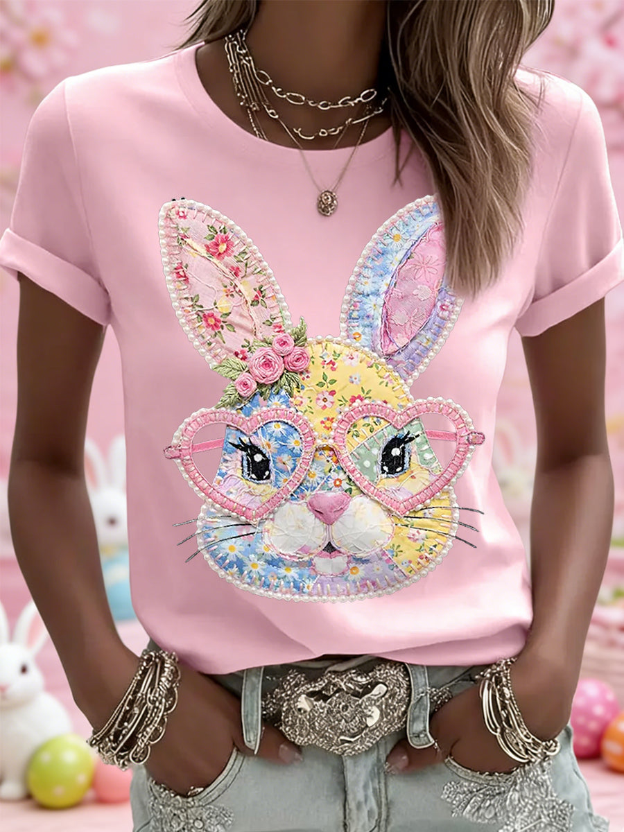 Damen-Blumen-Häschen-Patchwork-Druck-lässiges T-Shirt