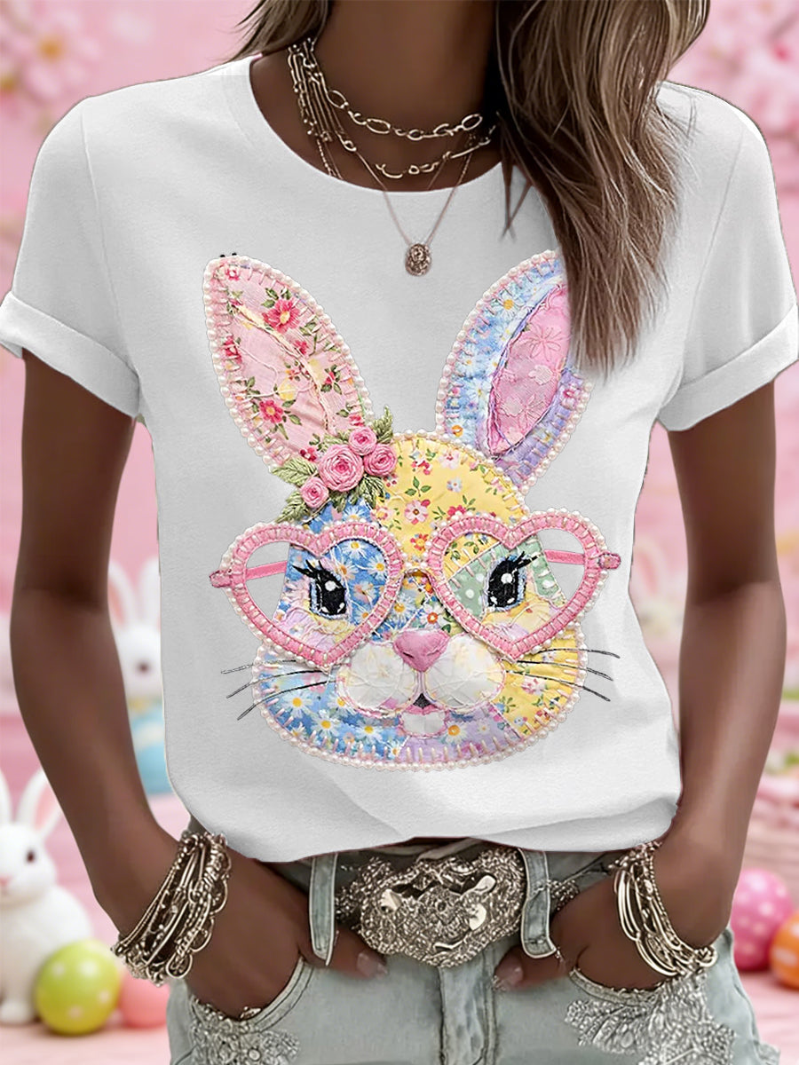 Damen-Blumen-Häschen-Patchwork-Druck-lässiges T-Shirt