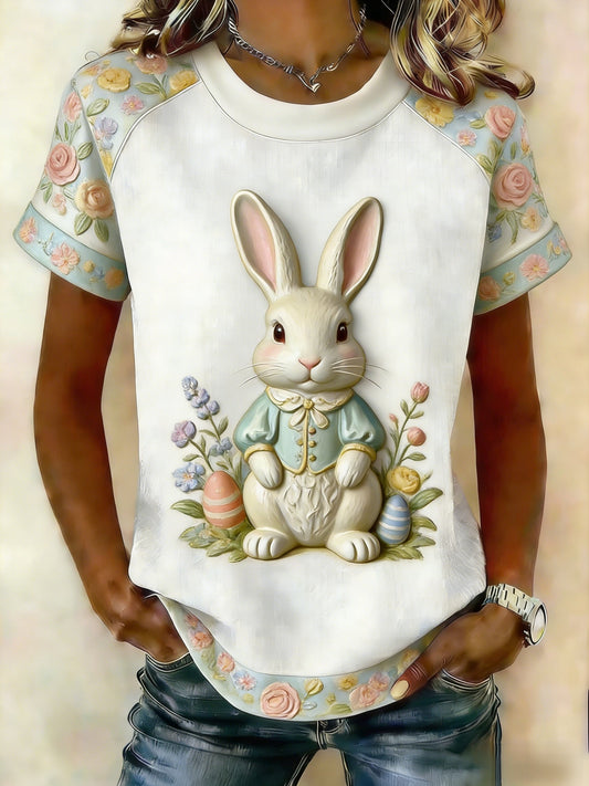Damen Retro Niedliches Häschen Ostern Lässiges Kurzarm-T-Shirt