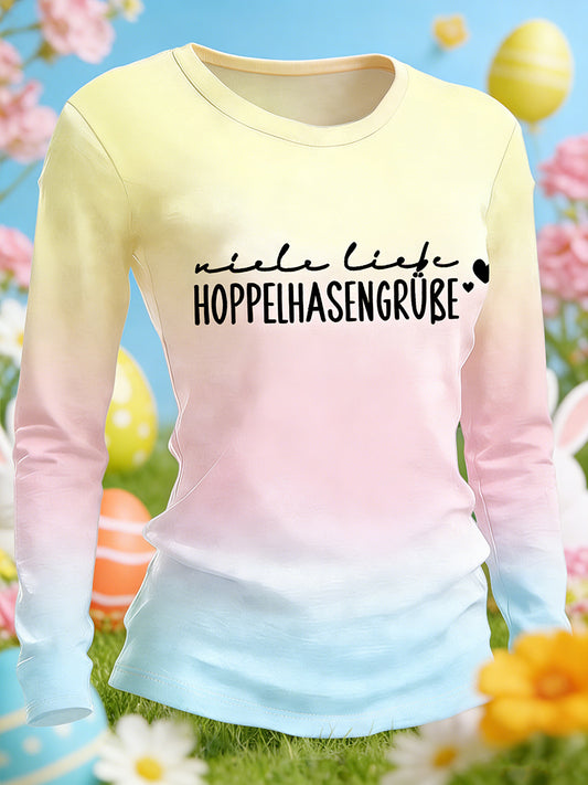 Damen Ostern bedruckt Rundhals-T-Shirt mit langen Ärmeln