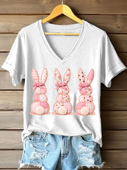 Frauen niedliches Bunny Patchwork Muster V-Ausschnitt T-Shirt