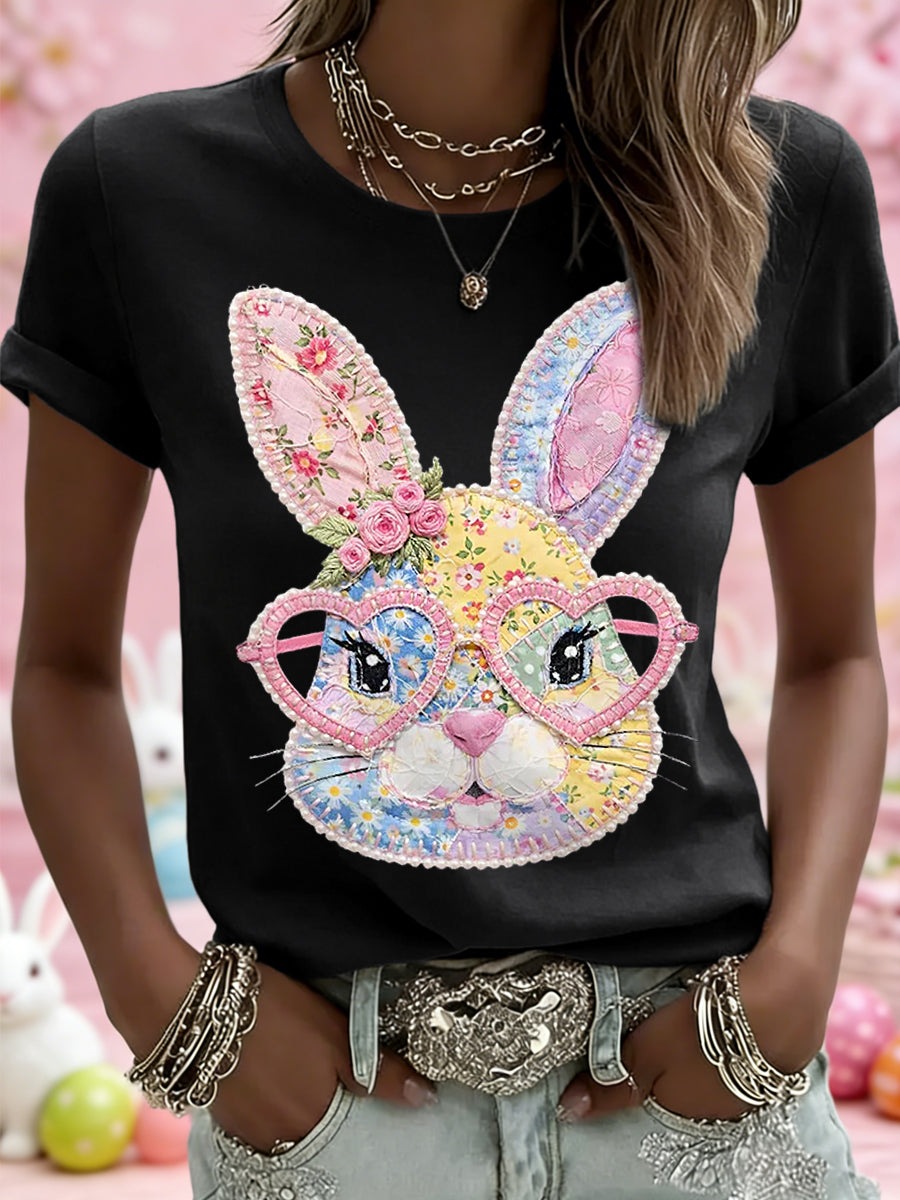 Damen-Blumen-Häschen-Patchwork-Druck-lässiges T-Shirt