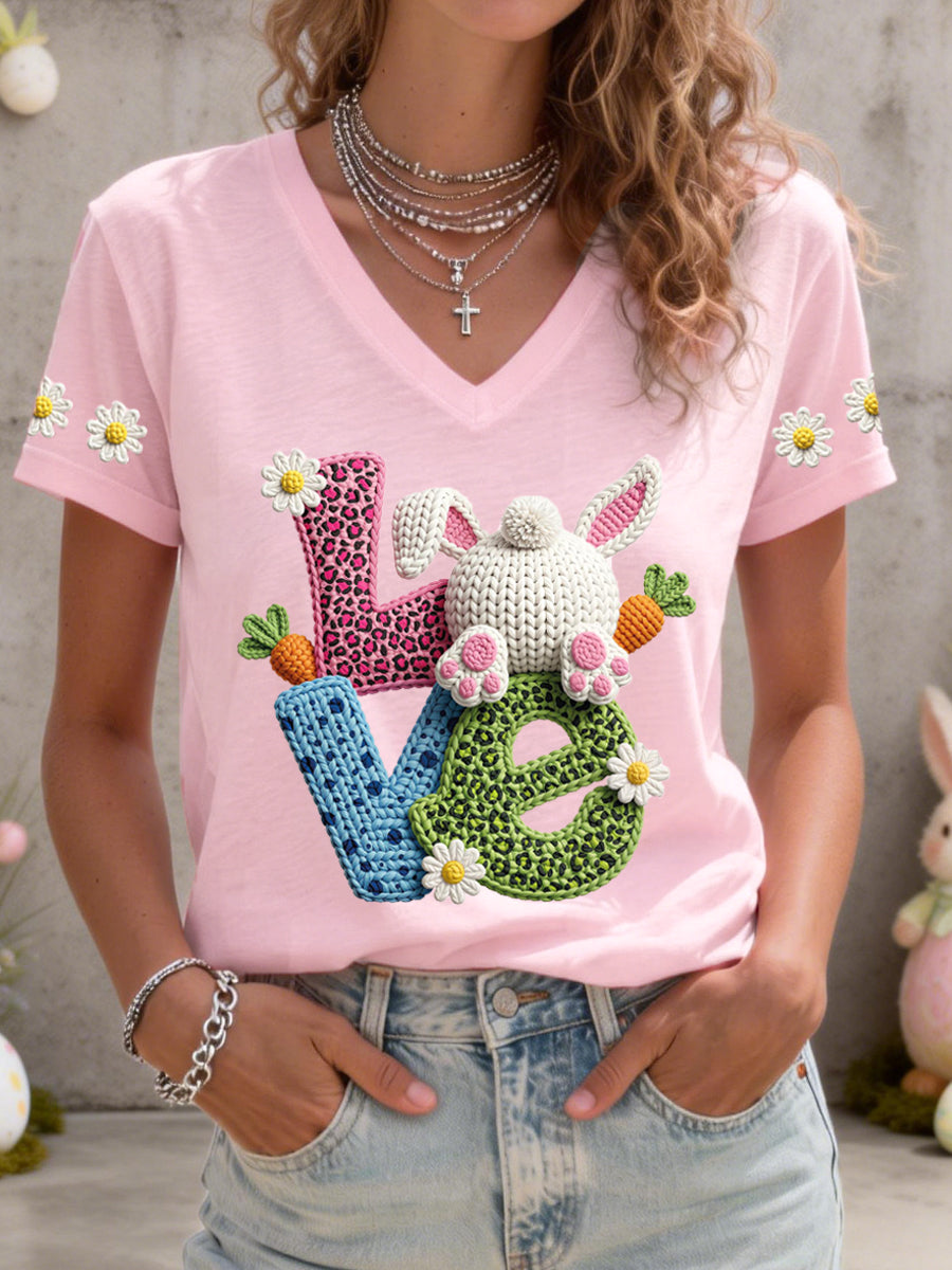 Frauen niedliches Häschen muster V-Ausschnitt T-Shirt