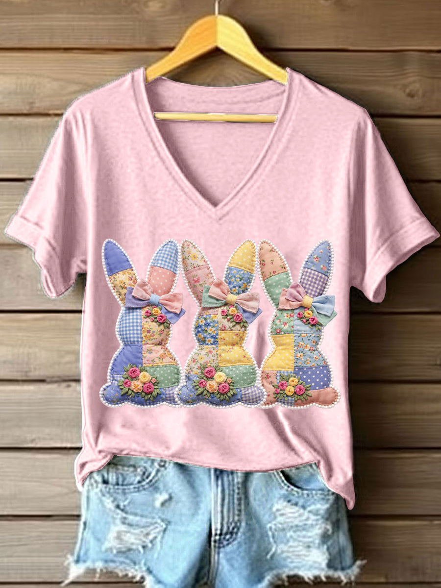 Frauen niedliches Bunny Patchwork Muster T-Shirt