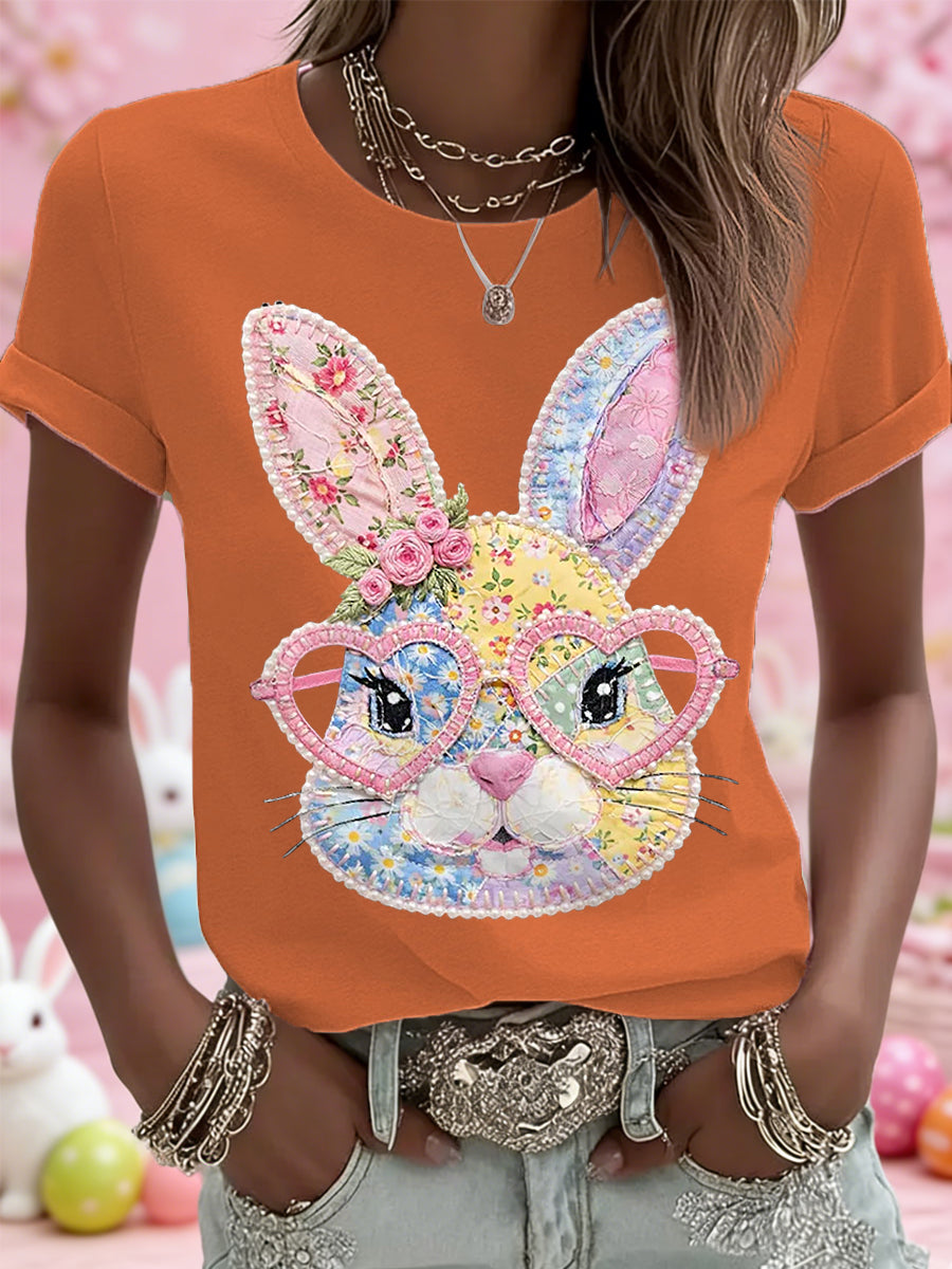 Damen-Blumen-Häschen-Patchwork-Druck-lässiges T-Shirt