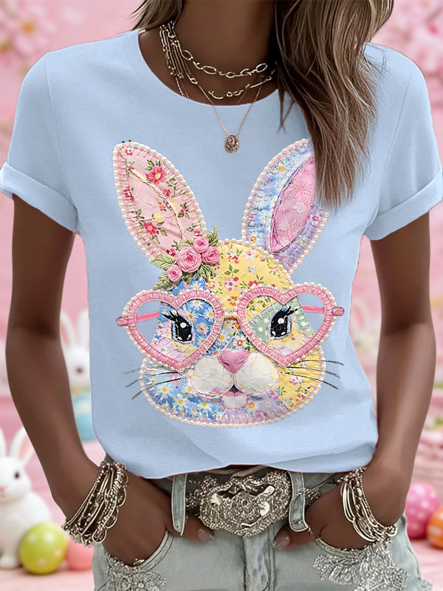 Damen-Blumen-Häschen-Patchwork-Druck-lässiges T-Shirt