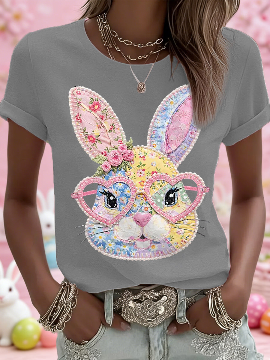 Damen-Blumen-Häschen-Patchwork-Druck-lässiges T-Shirt