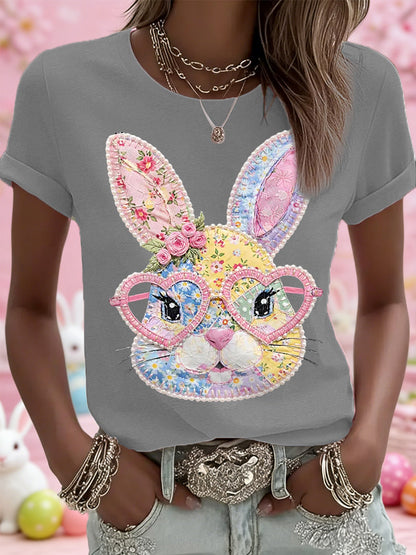 Damen-Blumen-Häschen-Patchwork-Druck-lässiges T-Shirt