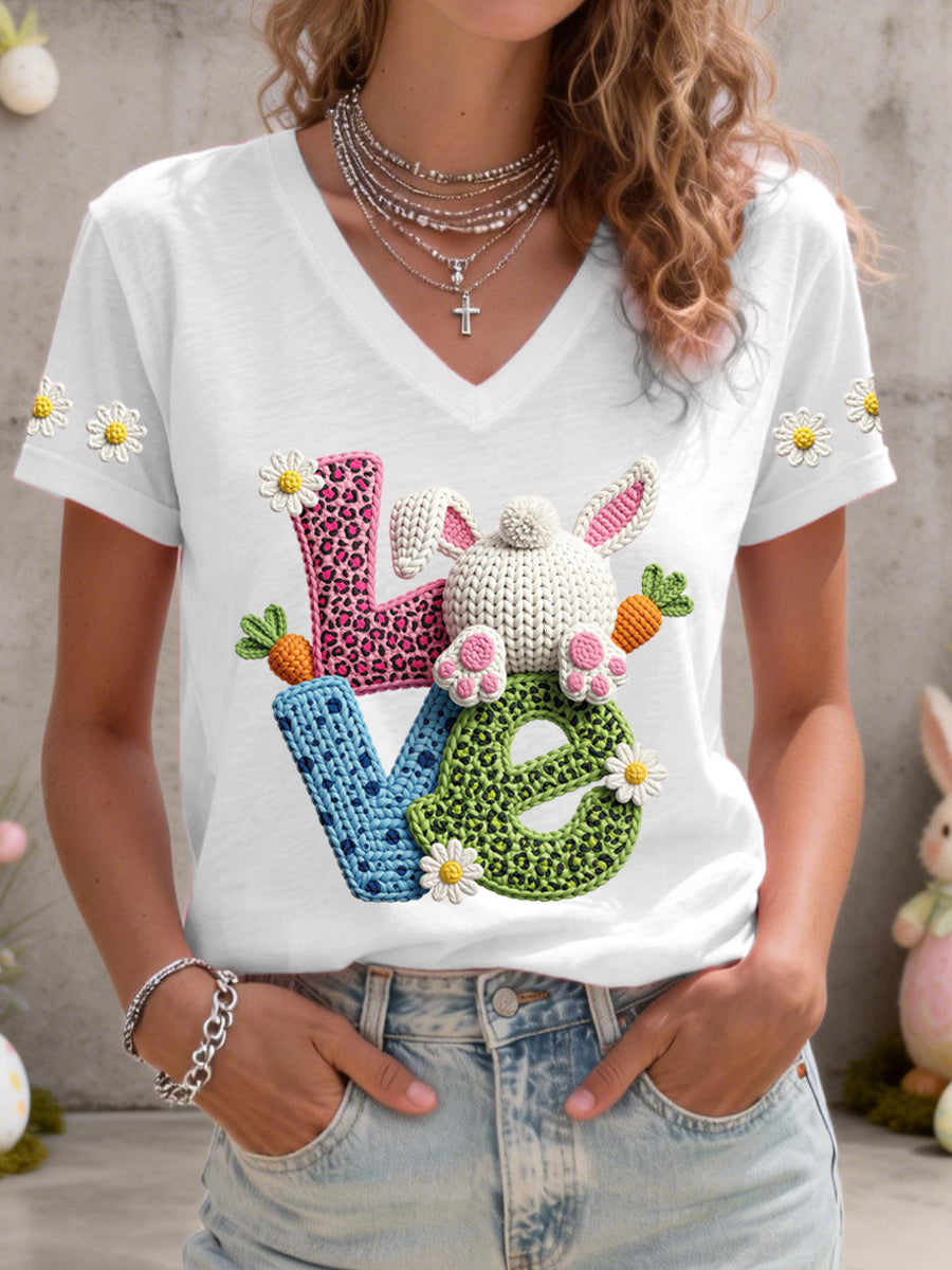 Frauen niedliches Häschen muster V-Ausschnitt T-Shirt