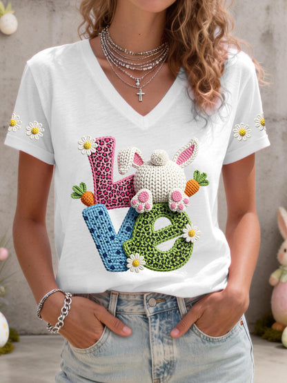 Frauen niedliches Häschen muster V-Ausschnitt T-Shirt